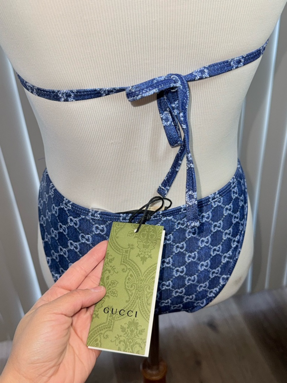 Gucci Blue Monogram Triangle Bikini with Gold Hardware - Picture 5 of 6